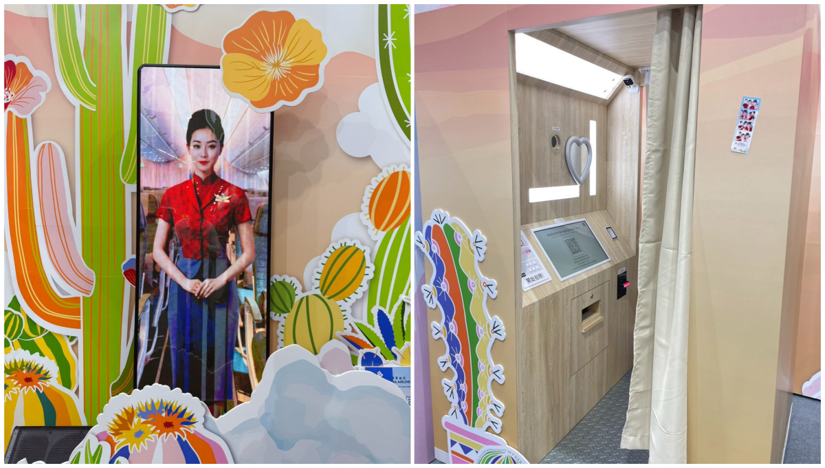 華航ITF旅展攤位超吸睛 AI空姐、Care Bears熊熊聯名!網友驚呼:根本主題樂園! AI空姐和自拍區,民眾可以和AI空姐問答並且拍美照帶回家。圖/葉佳欣拍攝、後製