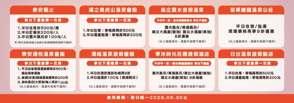 店家給的折扣相當多元,歡迎民眾把握泡湯旺季前來泰安體驗。圖/苗栗縣泰安鄉溫泉區觀光發展協會