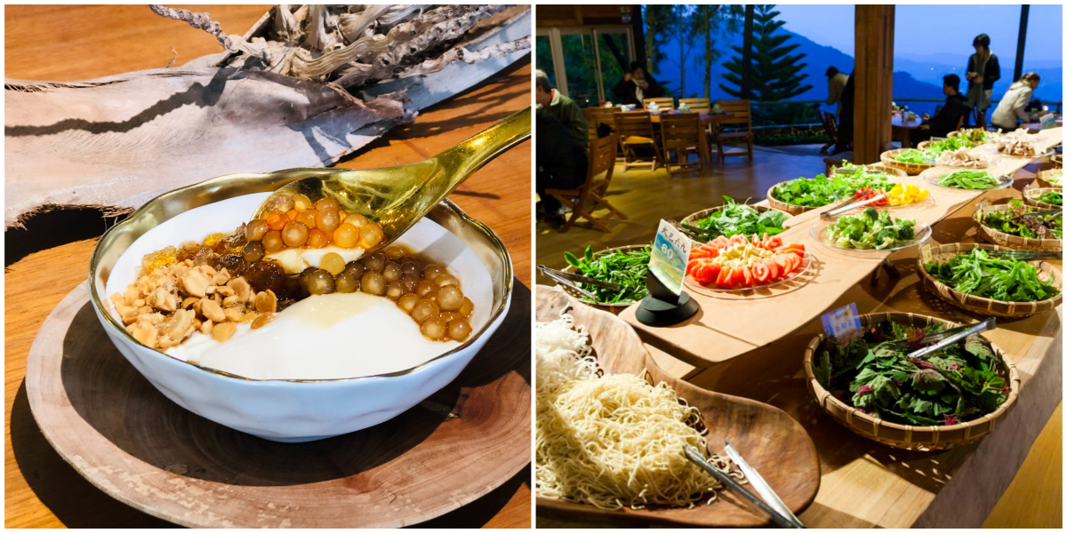 山海豆花的招牌綜合絹豆花（左）獲得500甜肯定，大巴六九景觀餐廳的有機蔬食也入選第五屆500盤評鑑。圖/山海豆花、大巴六九提供