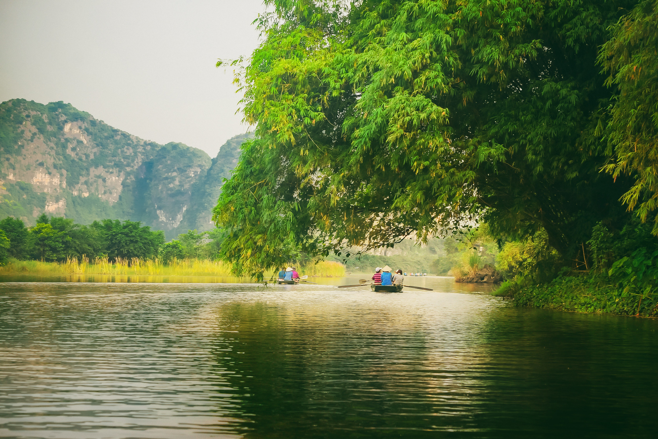 越南寧平當地渡假村融入了古城文化,妳可以搭乘小船划過靜謐的河道,看著岸邊的石灰岩山丘發呆。圖/123RF圖庫