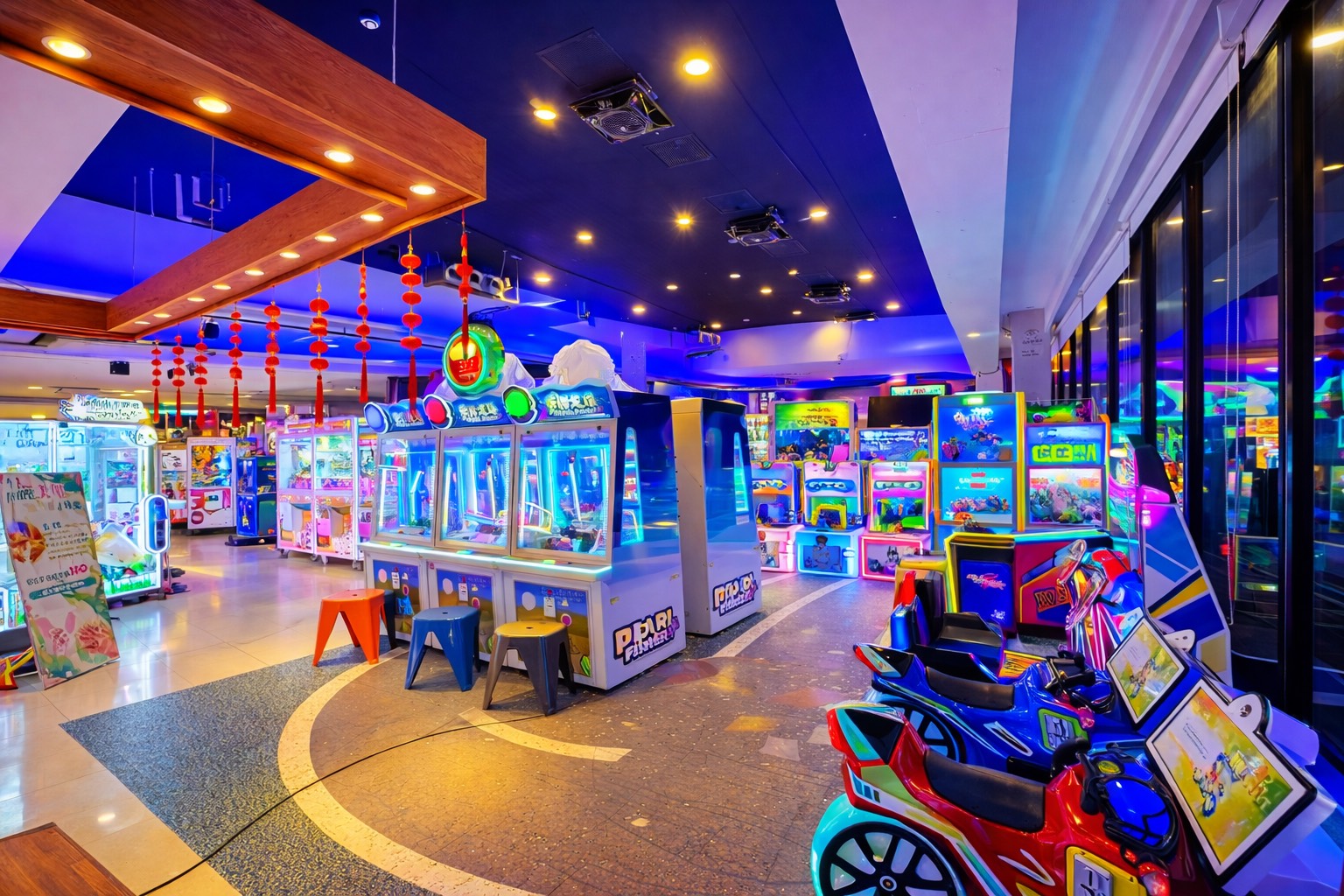 寬敞明亮的室內遊樂場，整合多種電子遊戲設施與親子共遊區。 圖/達拉樂樂屋提供