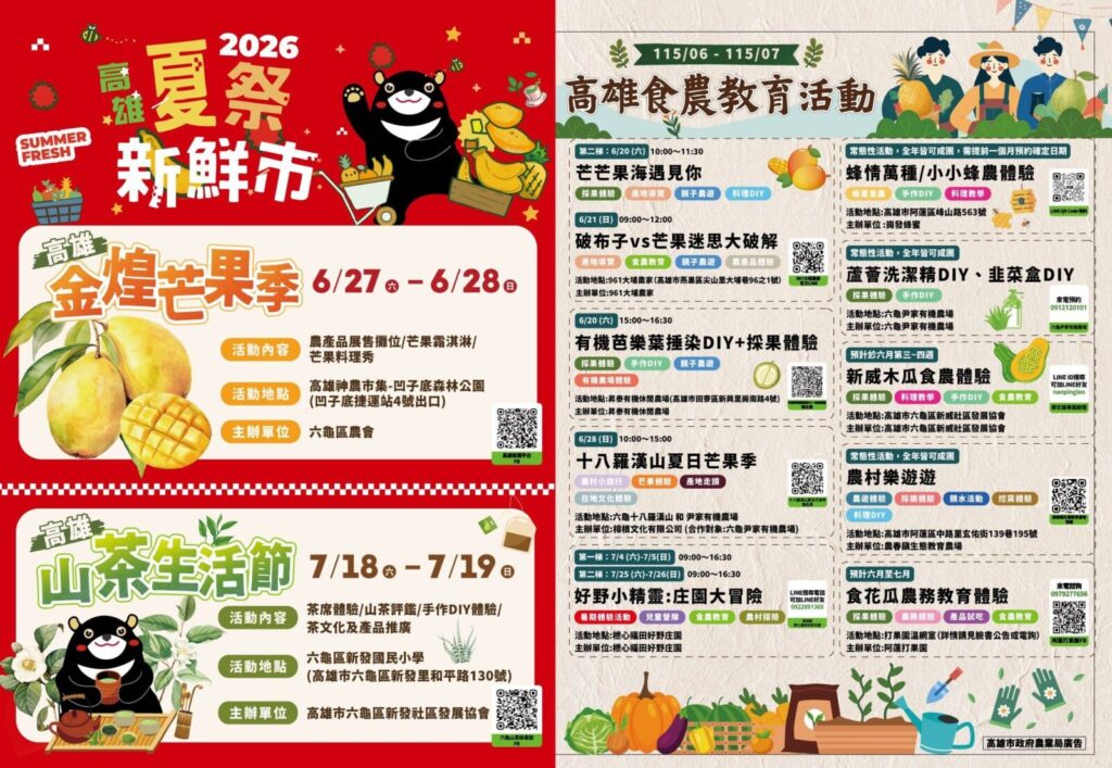 高雄市政府農業局推出「2026高雄夏祭新鮮市」系列活動，6月至7月一連串豐富的食農教育活動，邀請民眾來體驗農村魅力。圖/高雄市政府農業局提供