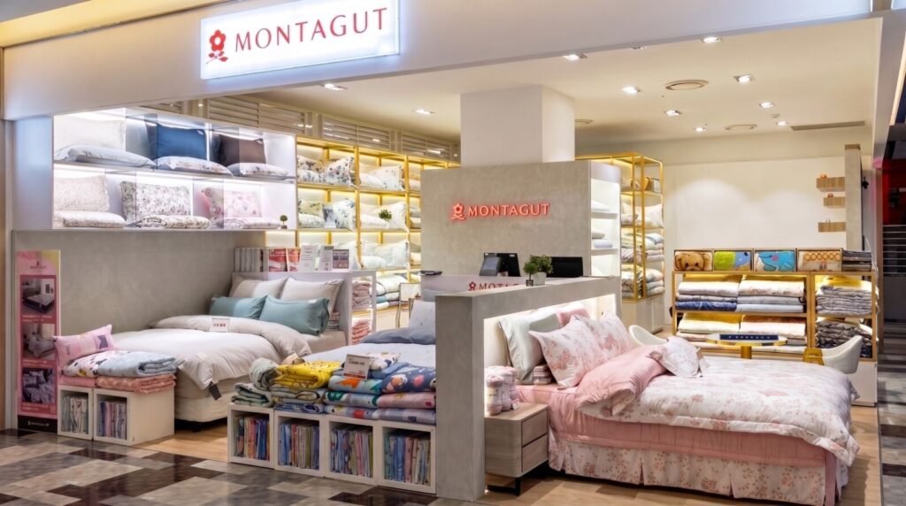 美地居家寢具全台百貨專櫃與門市約40多間,並在各大百貨設有MONTAGUT、IN HOUSE、GOLDEN-TIME專櫃。圖/美地居家寢具提供