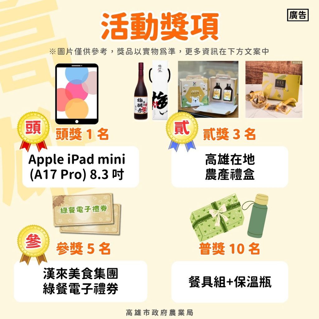 吃在地有好康 挺綠餐抽好禮!高市府農業局邀你抽iPad mini、在地農產禮盒、漢來千元餐券 - 台北郵報 | The Taipei Post 抽獎獎項好禮。圖/高雄市政府農業局提供