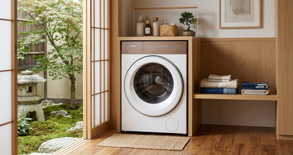 TOSHIBA JAPANDi系列以簡約俐落設計搭配居家櫃體規劃,降低大型家電的空間壓迫感,讓後陽台維持清爽一致的視覺。圖/TOSHIBA提供